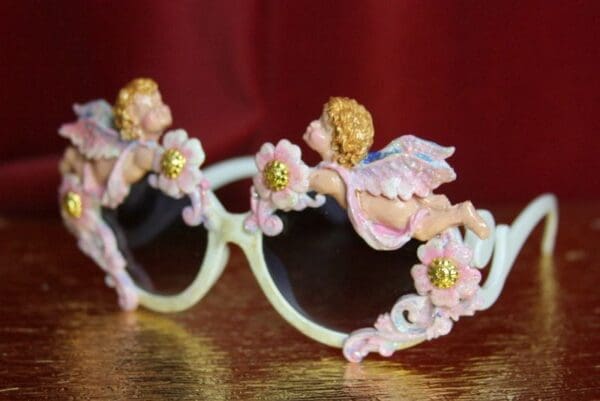 SOLD! 3654 Baroque Faced Cherubs Blue Flower Gold Touch Embellished Sunglasses - Image 3