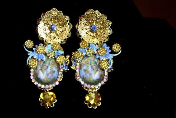 SOLD! 3656 Russian Fairytale Cameo Blue Crystal Earrings Studs - Image 7