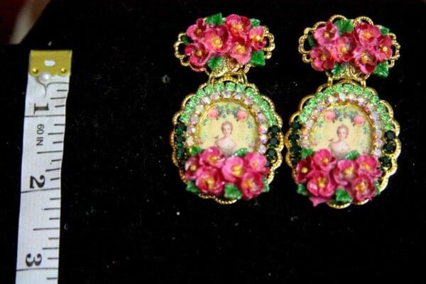 SOLD! 3663 Young Marie Antoinette Hand Painted Flowers Rose Elegant Earrings Studs - Image 2
