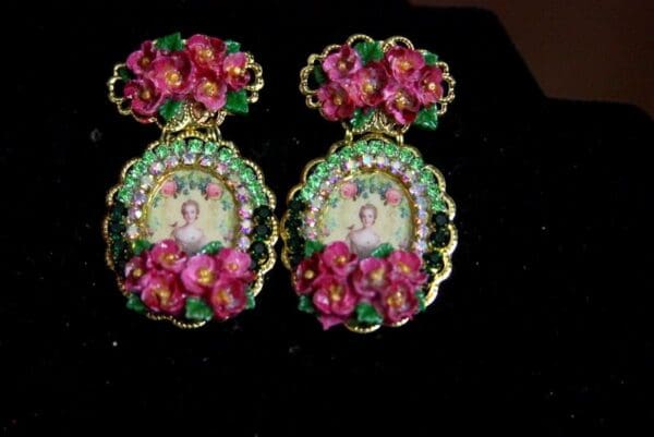 SOLD! 3663 Young Marie Antoinette Hand Painted Flowers Rose Elegant Earrings Studs - Image 3