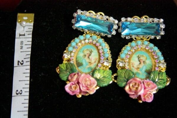 SOLD! 3664 Aqua Crystal Marie Antoinette Hand Painted Flowers Rose Elegant Earrings Studs - Image 3