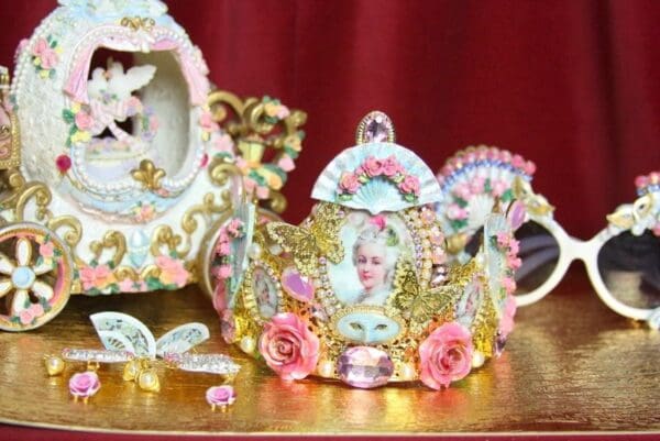 SOLD! 3666 Set Of Earrings + Marie Antoinette Hand Painted Fan Crystal Flower Crown Headband - Image 3