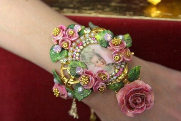SOLD! 3668 Enamel Earrings + Victorian Marie Antoinette Massive 3D Enamel Flower Cuff Bracelet Bangle - Image 3