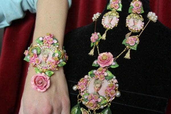 SOLD! 3668 Enamel Earrings + Victorian Marie Antoinette Massive 3D Enamel Flower Cuff Bracelet Bangle - Image 4