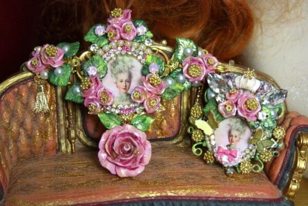 SOLD! 3668 Enamel Earrings + Victorian Marie Antoinette Massive 3D Enamel Flower Cuff Bracelet Bangle - Image 9