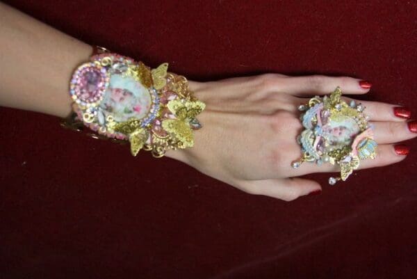 SOLD! 3671 Victorian Marie Antoinette Massive Enamel Flower Cuff Bangle - Image 3