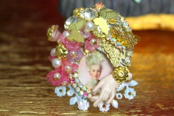 SOLD! 3672 Hand Painted Young Marie Antoinette Butterfly Adjustable Cocktail Huge Ring