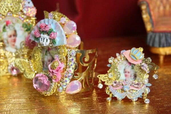 SOLD! 3673 Victorian Marie Antoinette Massive Enamel Flower Cuff Bangle - Image 8