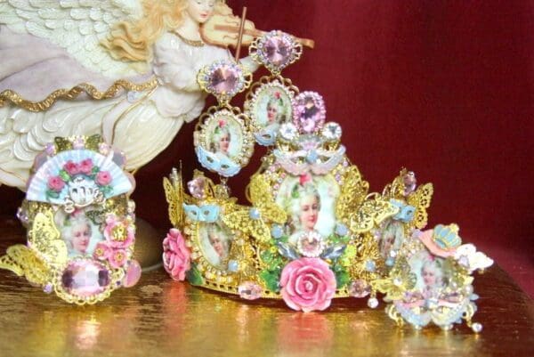 SOLD! 3675 Set Of Earrings + Marie Antoinette Hand Painted MAsk Pink Crystal Flower Crown Headband - Image 2