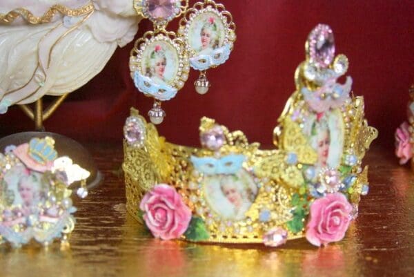 SOLD! 3675 Set Of Earrings + Marie Antoinette Hand Painted MAsk Pink Crystal Flower Crown Headband - Image 4