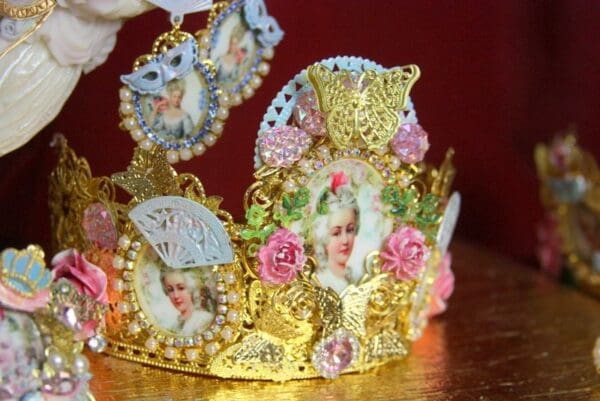 SOLD! 3676 Set Of Earrings + Marie Antoinette Hand Painted MAsk Pink Crystal Flower Crown Headband - Image 4