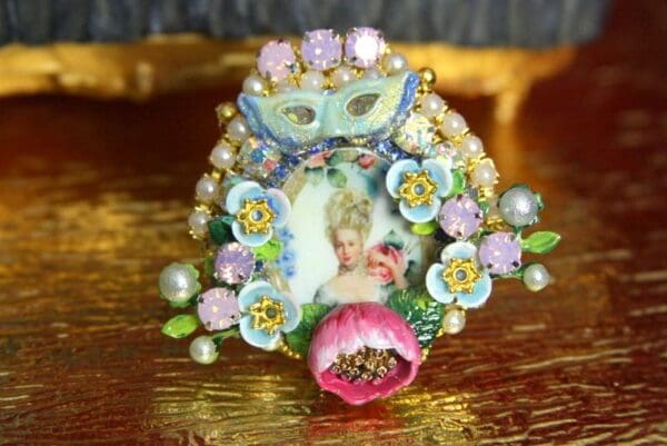 SOLD! 3677 Hand Painted Young Marie Antoinette Butterfly Adjustable Cocktail Huge Ring