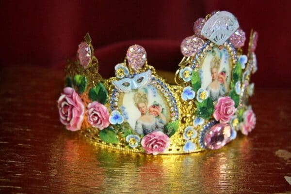 SOLD! 3678 Set Of Earrings + Young Marie Antoinette Hand Painted MAsk Pink Crystal Flower Crown Headband - Image 9