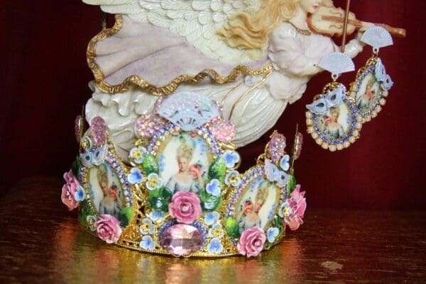 SOLD! 3678 Set Of Earrings + Young Marie Antoinette Hand Painted MAsk Pink Crystal Flower Crown Headband - Image 5