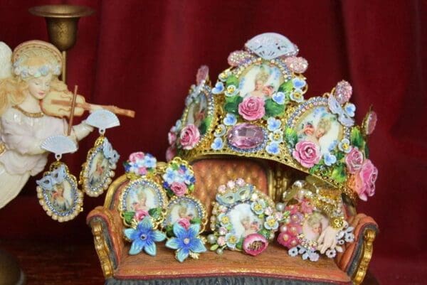 SOLD! 3678 Set Of Earrings + Young Marie Antoinette Hand Painted MAsk Pink Crystal Flower Crown Headband - Image 10