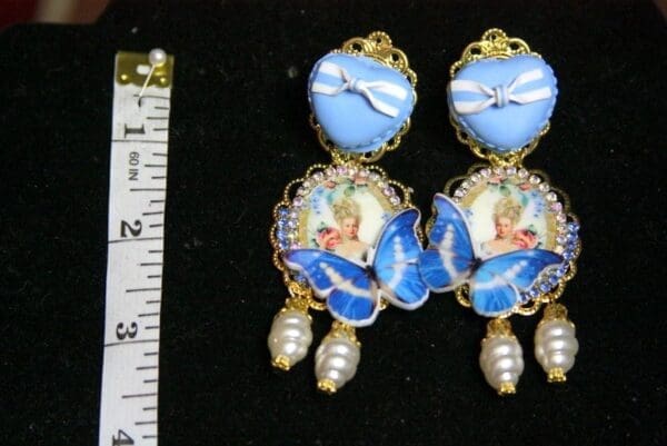 SOLD! 3697 Young Marie Antoinette Blue Butterfly Pearl Elegant Earrings Studs - Image 2