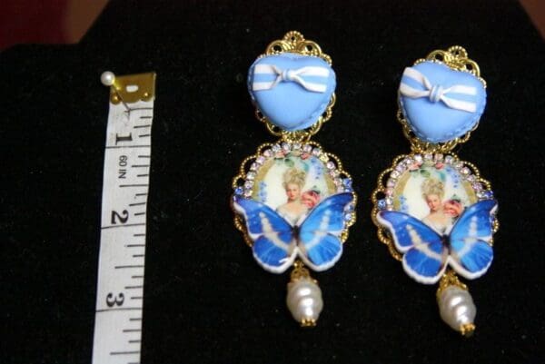 SOLD! 3702 Young Marie Antoinette Blue Butterfly Pearl Elegant Earrings Studs - Image 6