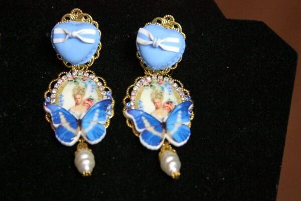 SOLD! 3702 Young Marie Antoinette Blue Butterfly Pearl Elegant Earrings Studs - Image 7