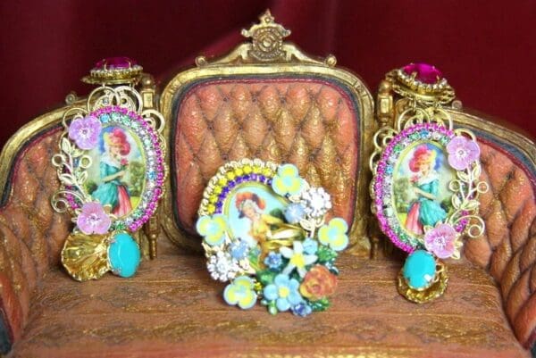 SOLD! 3703 Juicy Colors Victorian Lady Cameo Fuchsia Earrings Studs - Image 2