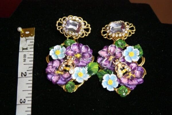 SOLD! 3704 Hand Painted Baroque Purple Flowers Bee Earrings Studs - Image 7