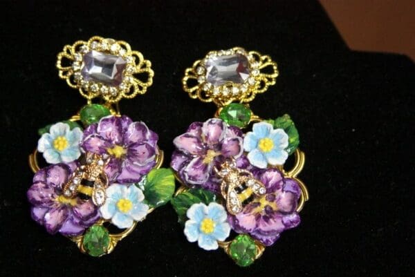 SOLD! 3704 Hand Painted Baroque Purple Flowers Bee Earrings Studs - Image 8