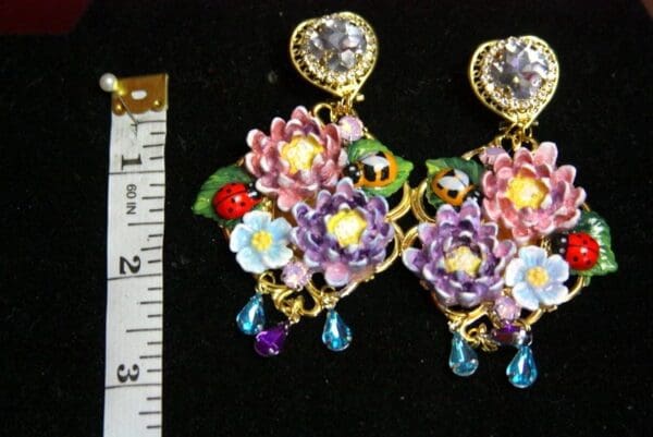 SOLD! 3705 Hand Painted Baroque Purple Peony Bee Earrings Studs - Image 8