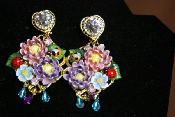 SOLD! 3705 Hand Painted Baroque Purple Peony Bee Earrings Studs - Image 9
