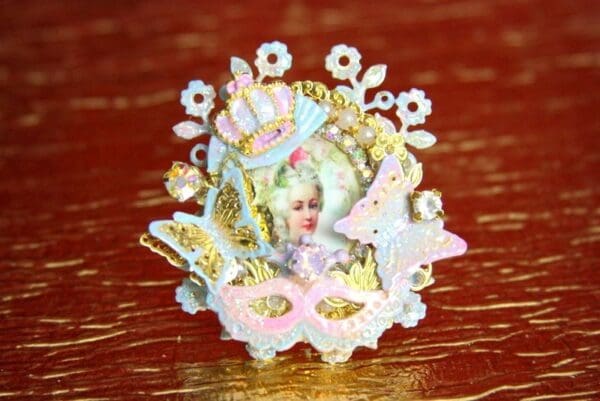 SOLD! 3706 Hand Painted Marie Antoinette Butterfly Adjustable Cocktail Huge Ring - Image 2