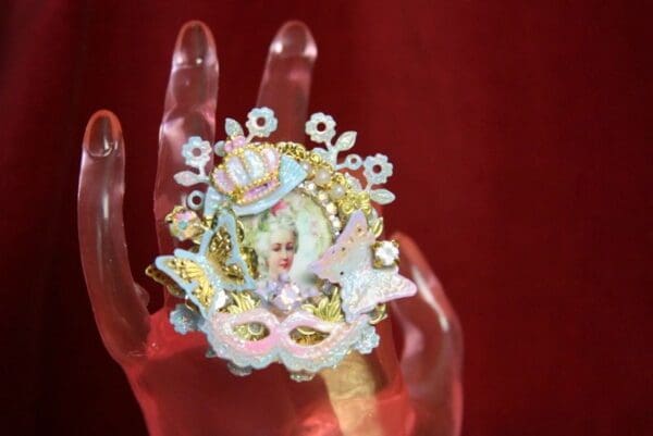 SOLD! 3706 Hand Painted Marie Antoinette Butterfly Adjustable Cocktail Huge Ring - Image 6