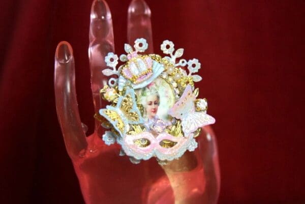 SOLD! 3706 Hand Painted Marie Antoinette Butterfly Adjustable Cocktail Huge Ring - Image 7