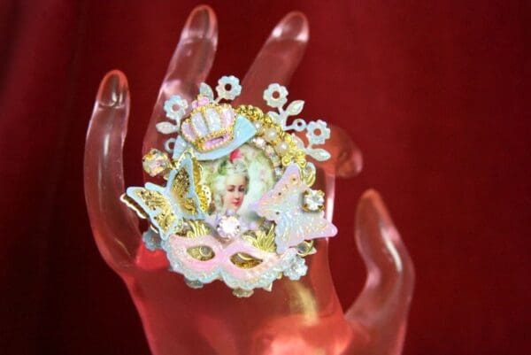 SOLD! 3706 Hand Painted Marie Antoinette Butterfly Adjustable Cocktail Huge Ring