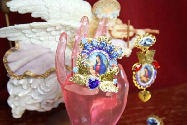 SOLD! 3707 Madonna Virgin Mary Blue Crystal Butterfly Adjustable Cocktail Huge Ring - Image 6