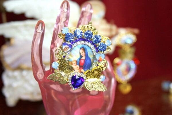 SOLD! 3707 Madonna Virgin Mary Blue Crystal Butterfly Adjustable Cocktail Huge Ring - Image 7