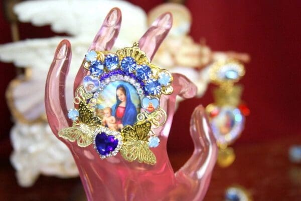 SOLD! 3707 Madonna Virgin Mary Blue Crystal Butterfly Adjustable Cocktail Huge Ring - Image 8