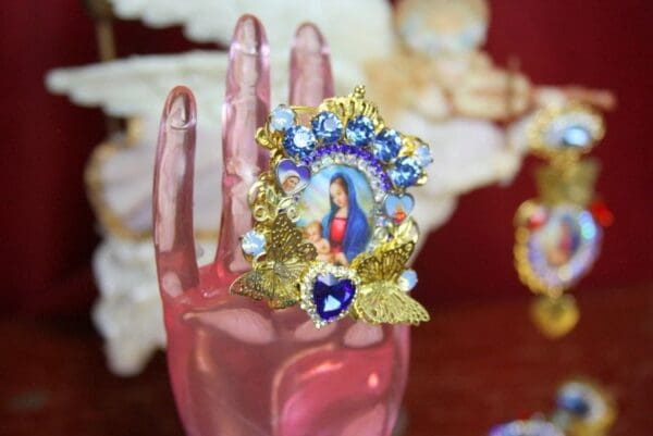 SOLD! 3707 Madonna Virgin Mary Blue Crystal Butterfly Adjustable Cocktail Huge Ring - Image 9