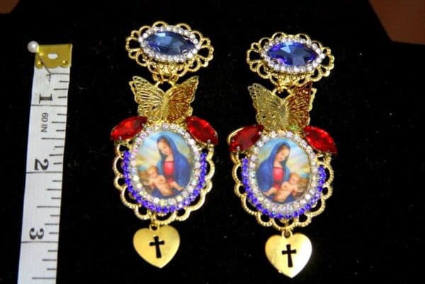 SOLD! 3708 Madonna Virgin Mary Butterfly Blue Crystal Earrings Studs - Image 5