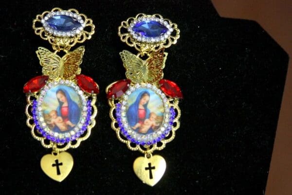 SOLD! 3708 Madonna Virgin Mary Butterfly Blue Crystal Earrings Studs - Image 6