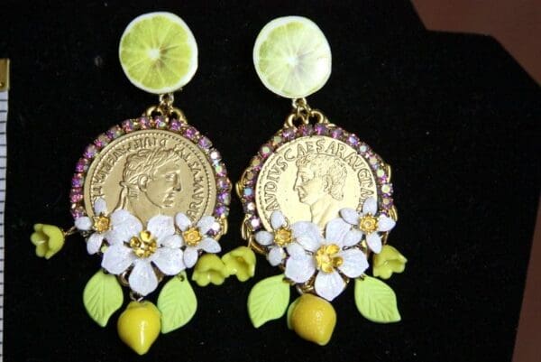 SOLD! 3709 Baroque Roman Coin Caesar Lemon Earrings Studs - Image 9