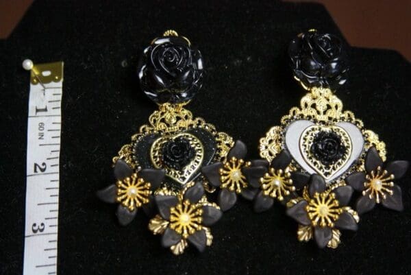 SOLD! 3713 Baroque Black Heart Dangle Flowers Crystal Earrings Studs - Image 6