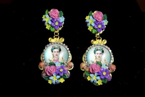 SOLD! 3716 Frida Kahlo Cameo Hand Painted Flower Studs Earrings - Image 6