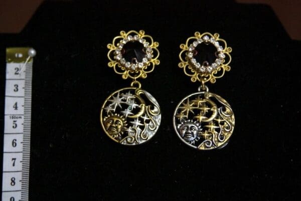 SOLD! 3720 Gold Tone Massive Star Moon Hand Painted Earrings - Image 2