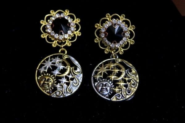 SOLD! 3720 Gold Tone Massive Star Moon Hand Painted Earrings - Image 3