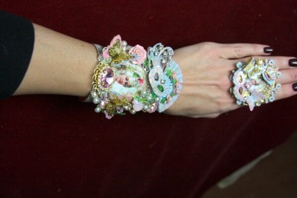 SOLD! 3723 Victorian Marie Antoinette Massive Enamel Flower Cuff Bangle - Image 7