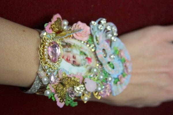 SOLD! 3723 Victorian Marie Antoinette Massive Enamel Flower Cuff Bangle - Image 9