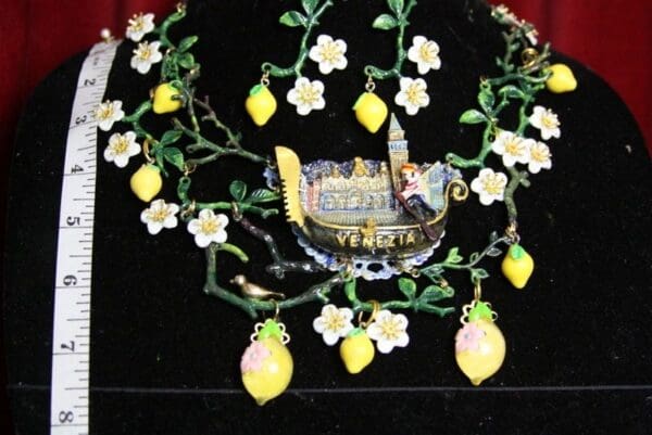 SOLD! 3724 Set Of Whimsical Venice Gondola Lemon Hand Painted Necklace+ Earrings - Image 8