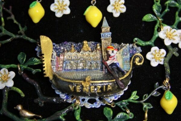 SOLD! 3724 Set Of Whimsical Venice Gondola Lemon Hand Painted Necklace+ Earrings - Image 2
