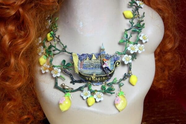 SOLD! 3724 Set Of Whimsical Venice Gondola Lemon Hand Painted Necklace+ Earrings - Image 4