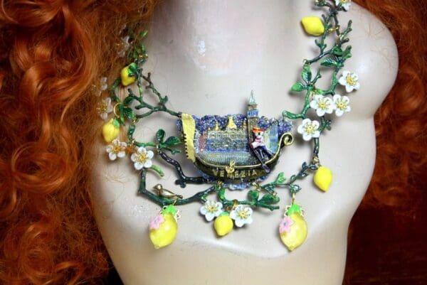 SOLD! 3724 Set Of Whimsical Venice Gondola Lemon Hand Painted Necklace+ Earrings - Image 6