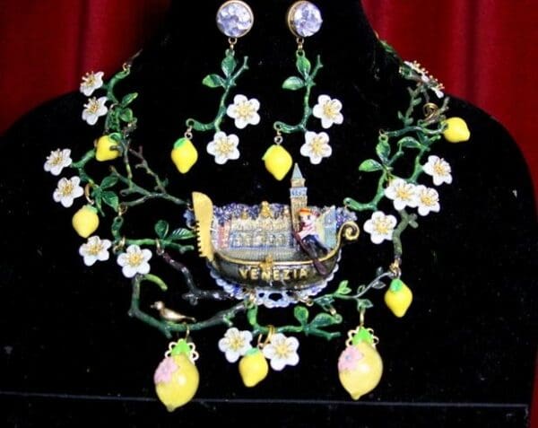 SOLD! 3724 Set Of Whimsical Venice Gondola Lemon Hand Painted Necklace+ Earrings - Image 10