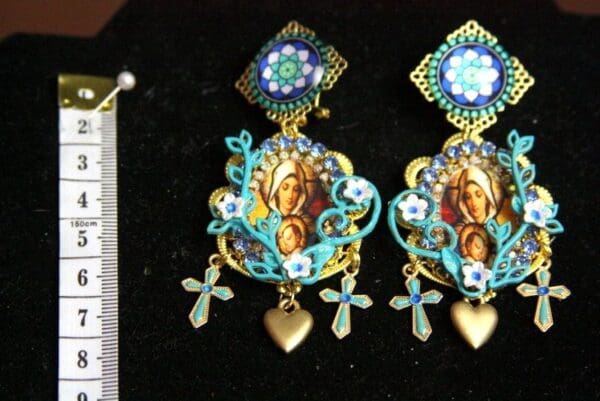 SOLD! 3725 Madonna Virgin Mary Stained Glass Pattern Hnd Paiunted Earrings Studs - Image 4